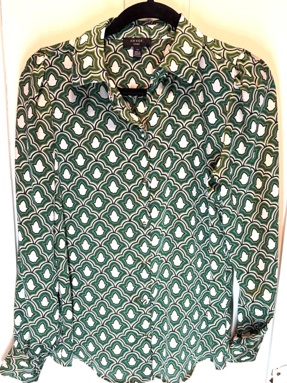 Haver London Retro Geometric Button Down Blouse Top Green Olive Small S/P